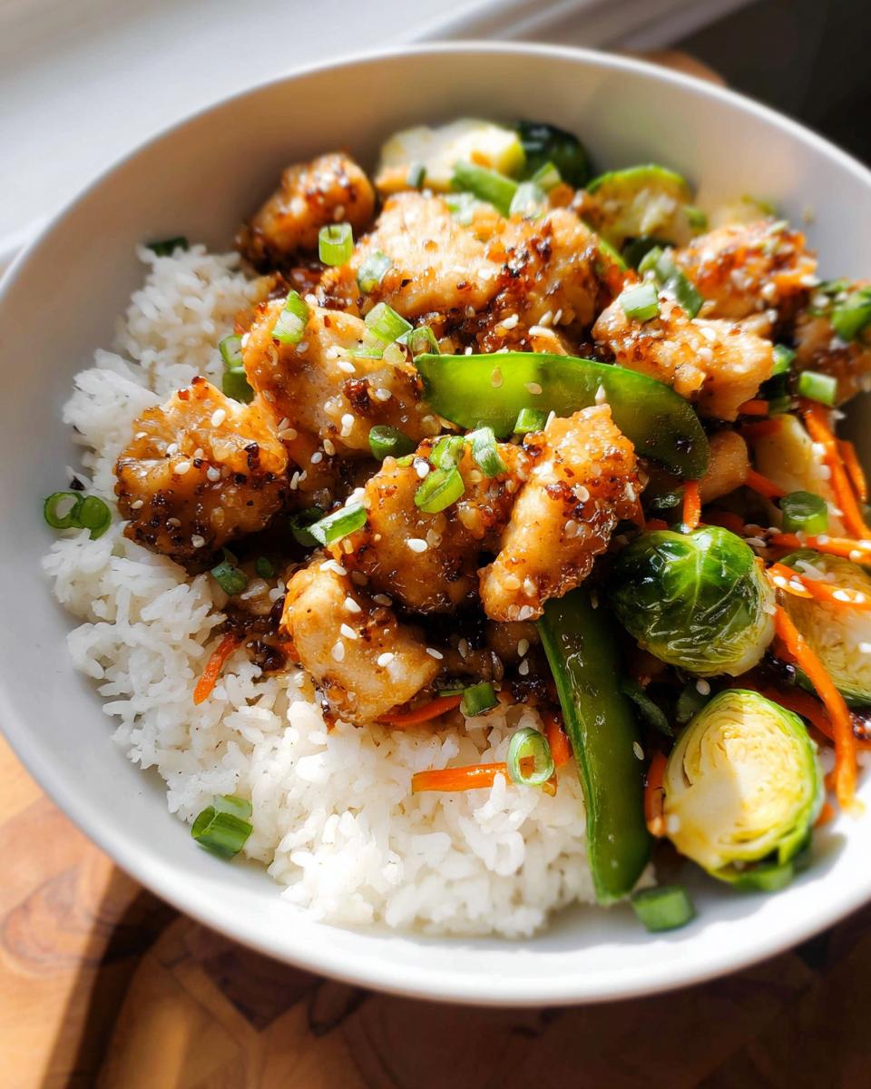 Close-up of a healthy dinner idea: sesame chicken pieces served over white rice with Brussels sprouts and snow peas.