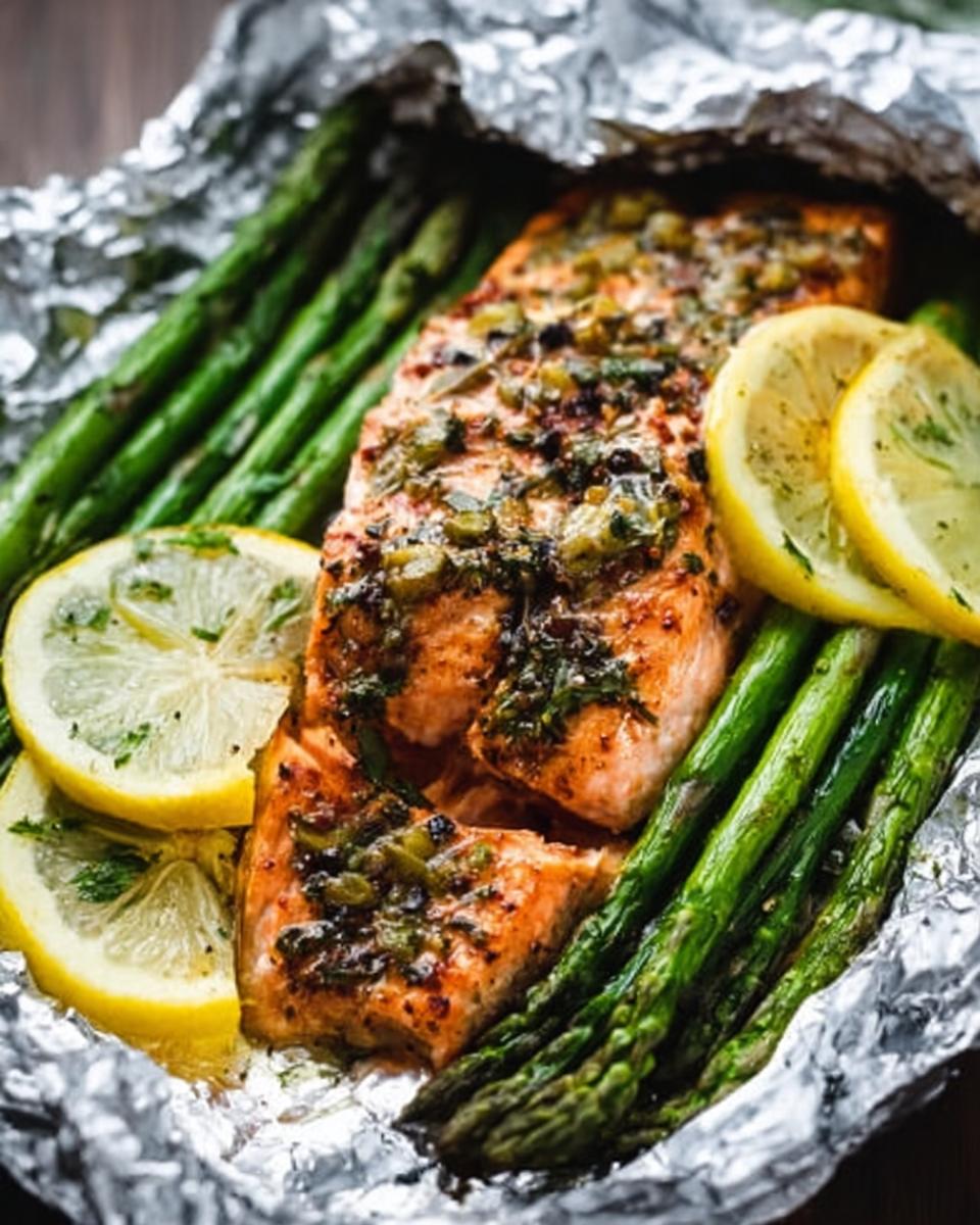 Close-up of cooked Herb Butter Salmon (Foil Pack) served with bright green asparagus and lemon slices.