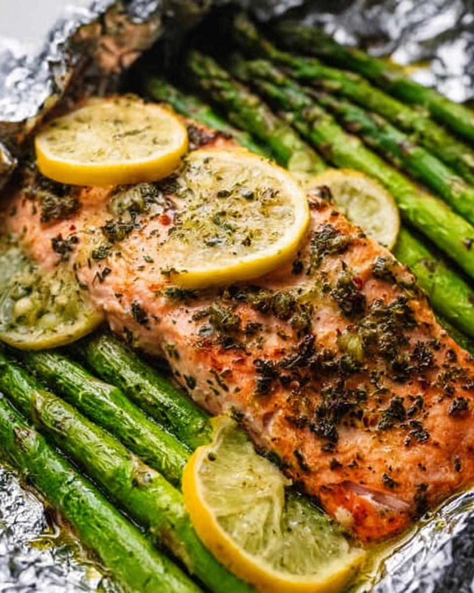 Close-up of cooked Herb Butter Salmon (Foil Pack) topped with lemon slices and resting on bright green asparagus.
