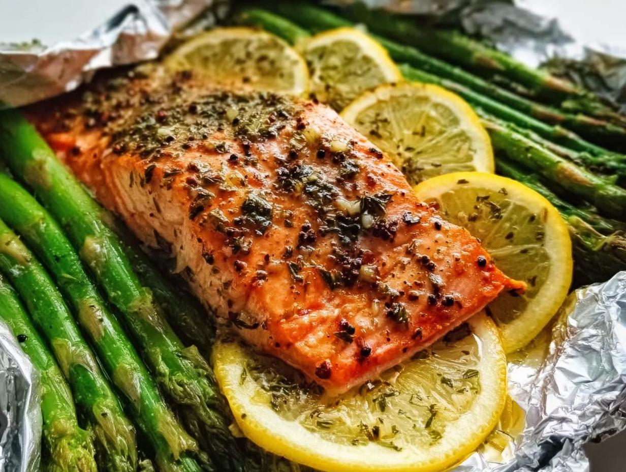 Close-up of a cooked Herb Butter Salmon (Foil Pack) fillet topped with herbs, surrounded by bright green asparagus and lemon slices.
