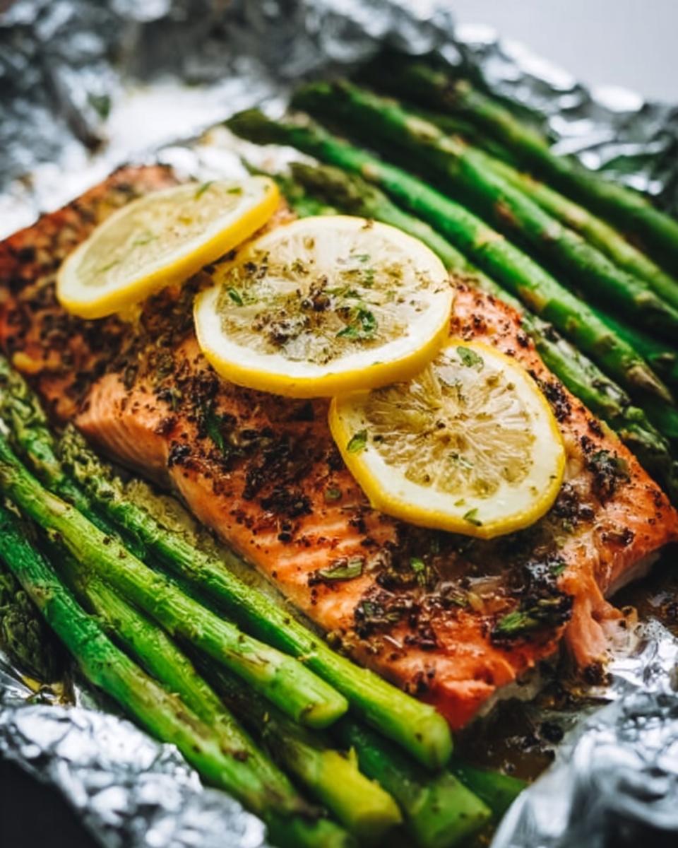 Close-up of cooked Herb Butter Salmon (Foil Pack) topped with lemon slices and served alongside bright green asparagus.
