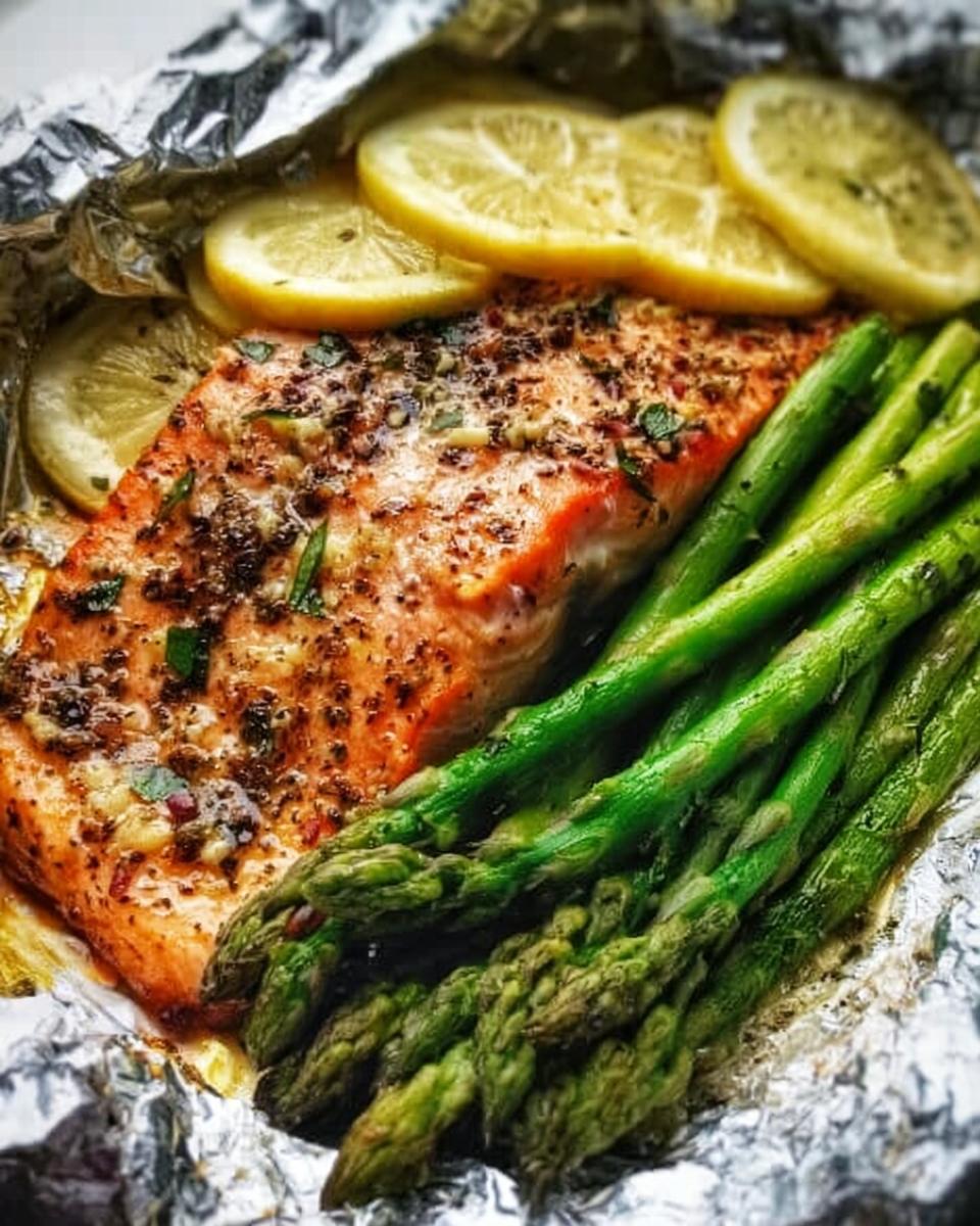 Close-up of cooked Herb Butter Salmon (Foil Pack) topped with seasoning, lemon slices, and bright green asparagus.