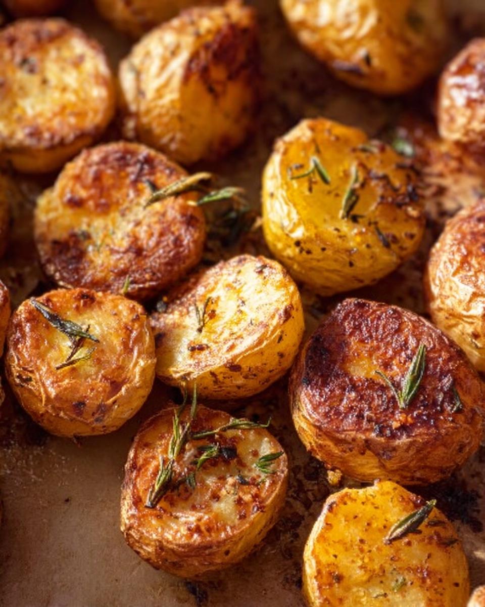 Close-up of golden brown, crispy Herb Roasted Baby Potatoes seasoned with rosemary on a baking sheet.