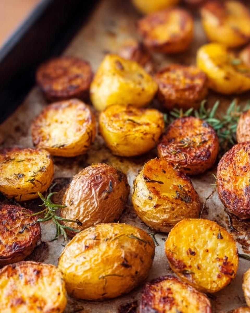 Close-up of golden brown Herb Roasted Baby Potatoes seasoned with rosemary on a baking sheet.
