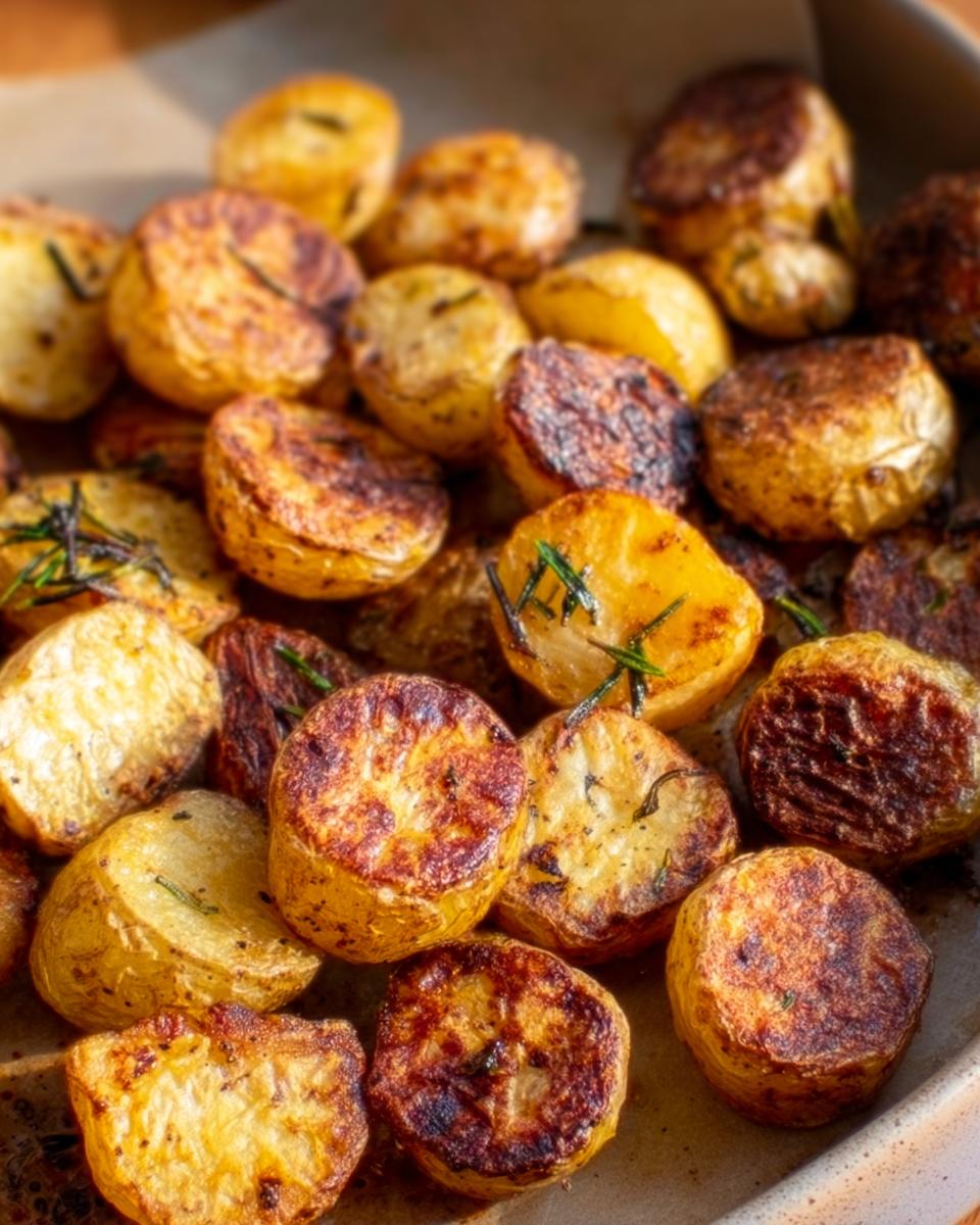 Close-up of golden brown, crispy Herb Roasted Baby Potatoes seasoned with rosemary on a baking sheet.