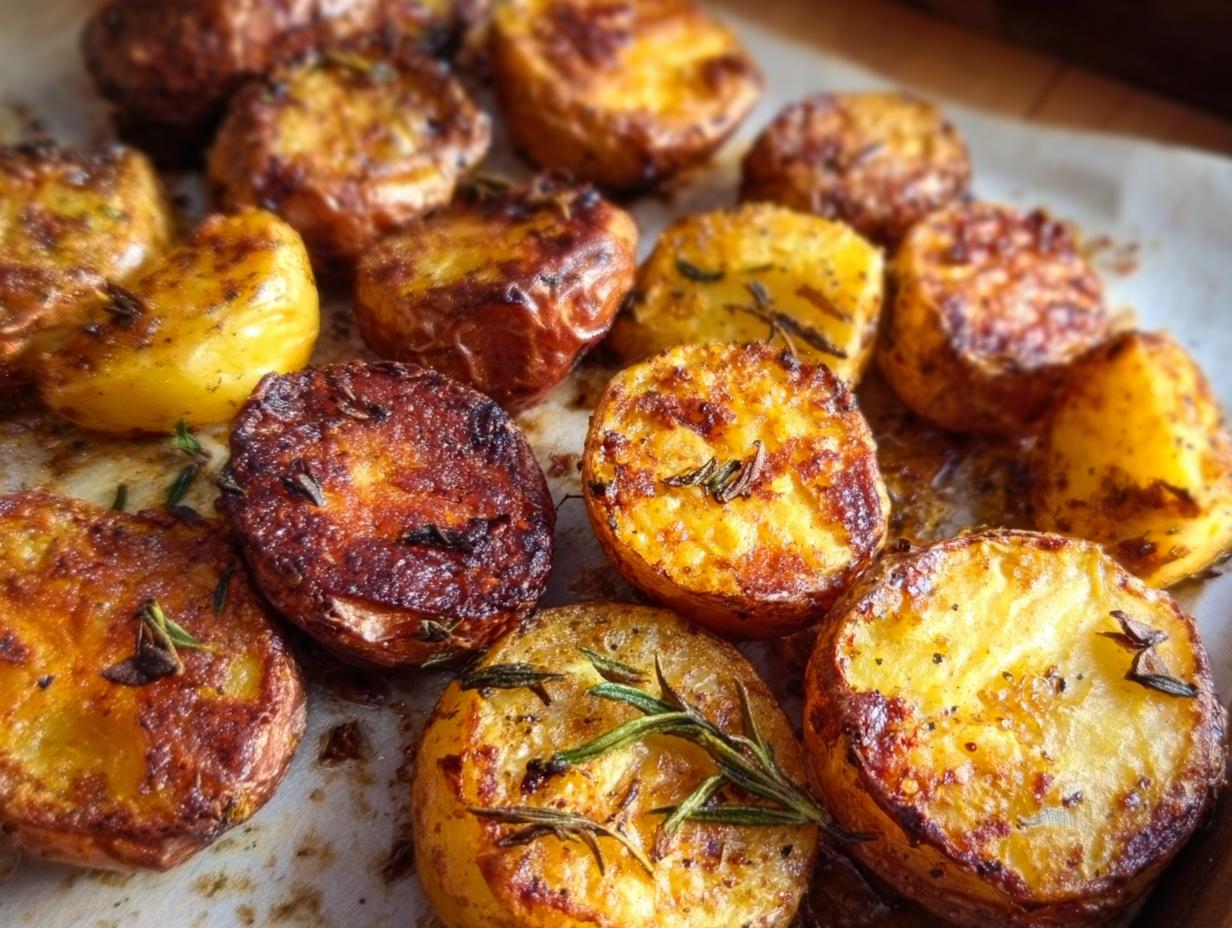 Close-up of golden brown and crispy Herb Roasted Baby Potatoes seasoned with rosemary.