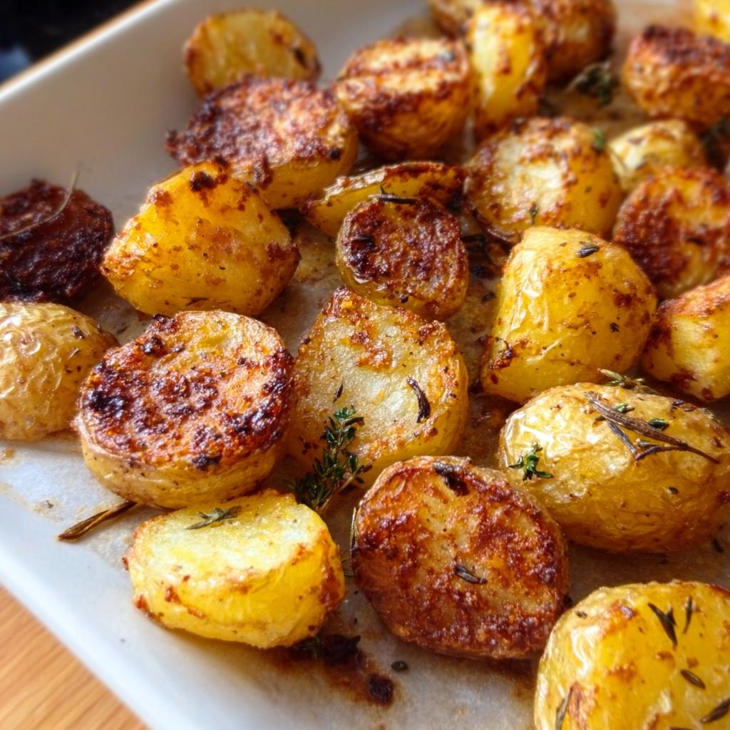 Close-up of golden, crispy Herb Roasted Baby Potatoes seasoned with thyme in a white baking dish.