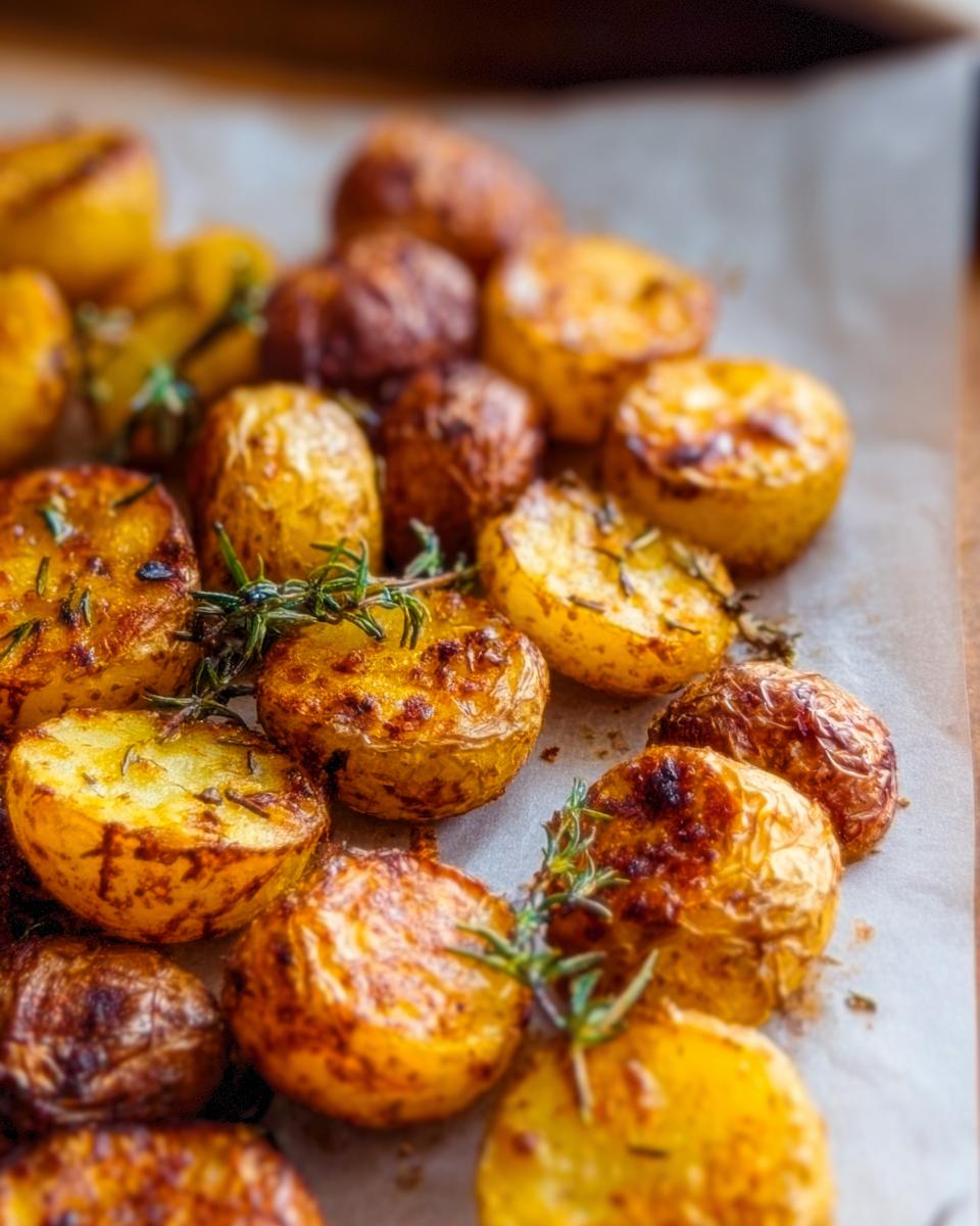 Close-up of golden brown Herb Roasted Baby Potatoes seasoned with fresh rosemary sprigs.