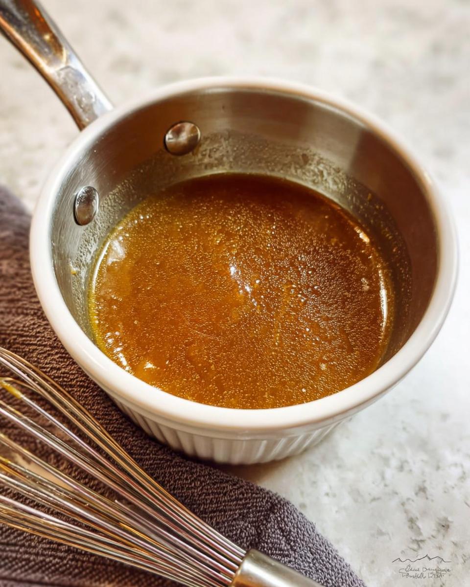 Close-up of rich, brown homemade Au Jus Recipe being whisked in a small white saucepan.