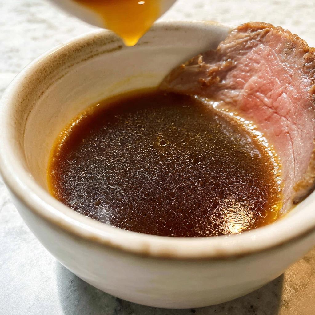 Close-up of a slice of rare roast beef being dipped into a small bowl of rich, dark Homemade Au Jus without drippings.