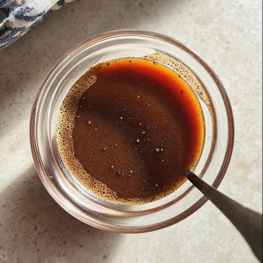 Overhead view of dark brown liquid, likely au jus, being stirred in a small glass bowl using a spoon.
