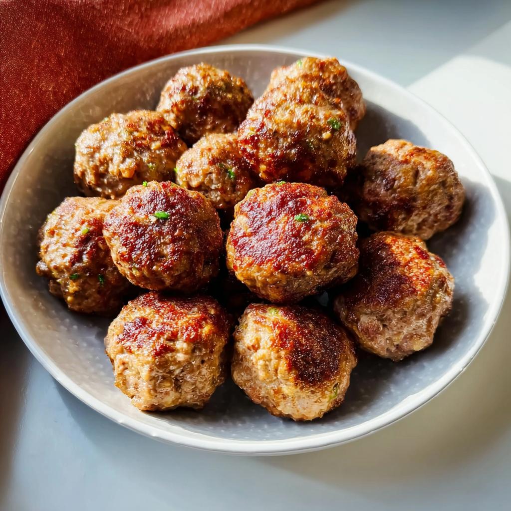 A bowl filled with perfectly browned Homemade Meatballs (Oven-Baked), garnished lightly with green herbs.