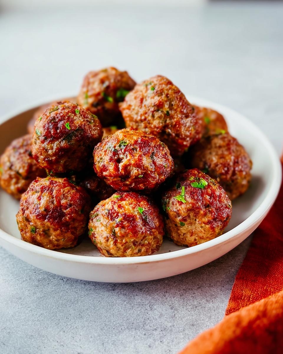 A white bowl piled high with perfectly browned Homemade Meatballs (Oven-Baked), garnished with fresh herbs.