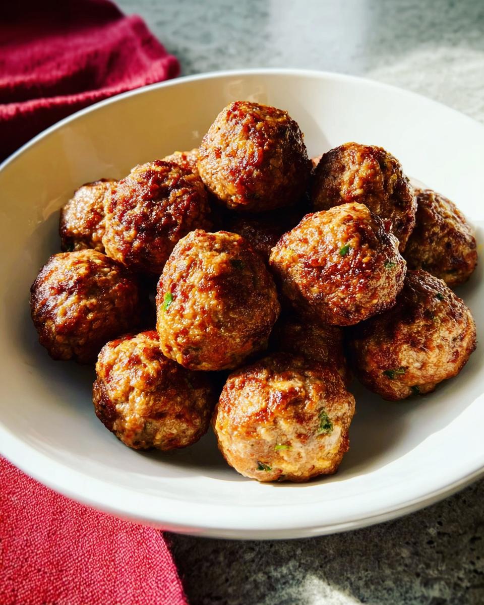 A white bowl filled with perfectly browned, oven-baked Homemade Meatballs, resting on a red napkin.