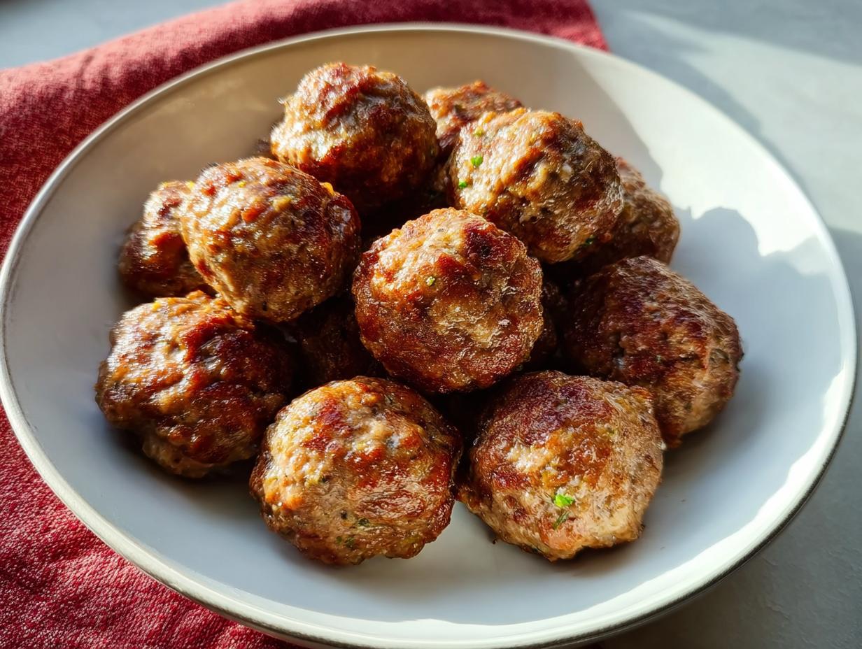 A bowl filled with perfectly browned, oven-baked Homemade Meatballs, glistening under natural light.
