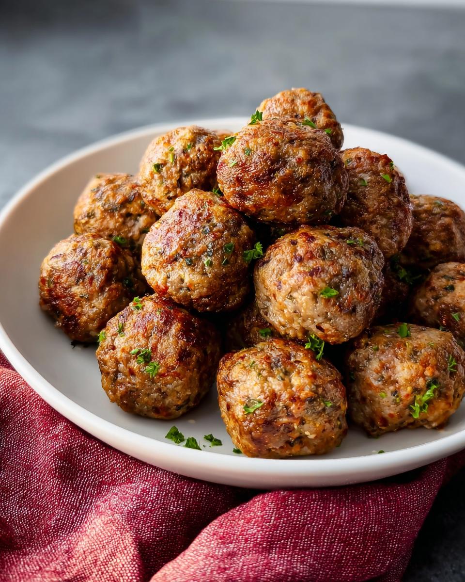 A mound of golden-brown, oven-baked Homemade Meatballs garnished with fresh parsley on a white plate.