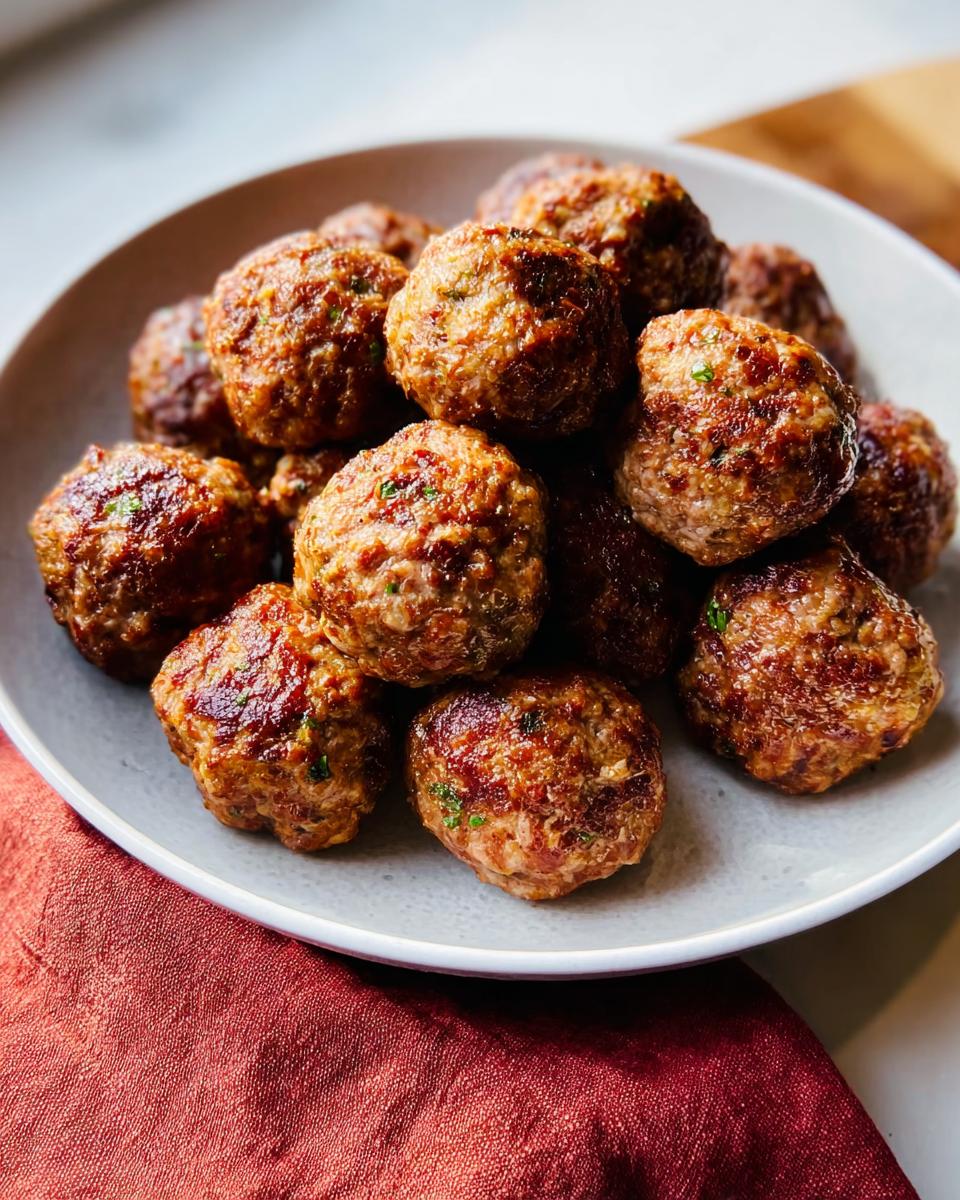 A close-up shot of a mound of perfectly browned Homemade Meatballs (Oven-Baked) served on a light gray plate.