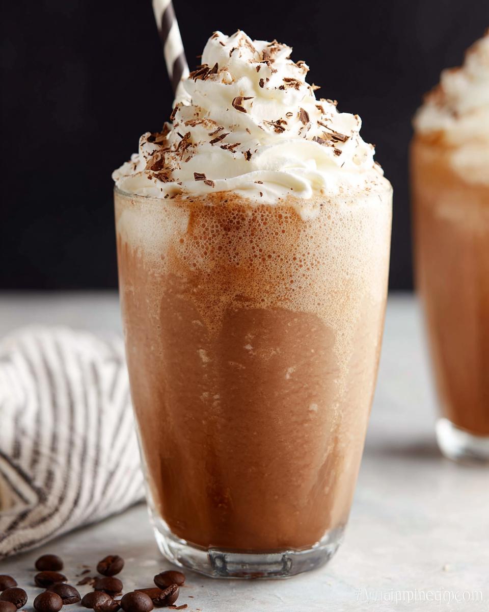Close-up of a tall glass filled with a blended Mocha Frappuccino topped with whipped cream and chocolate shavings.