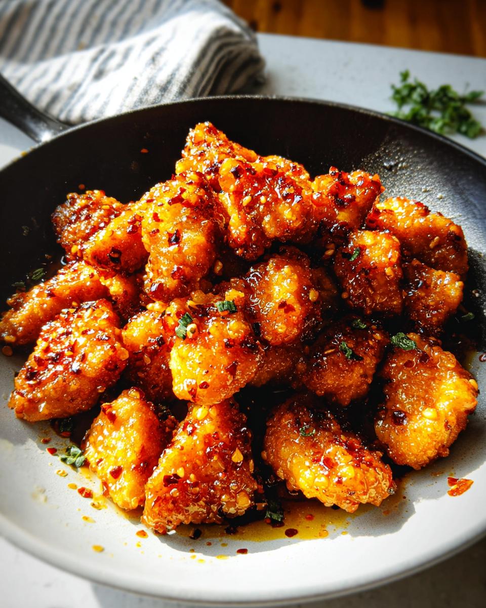 A close-up of glistening Honey Garlic Chicken Bites coated in a sweet and spicy sauce, served in a pan.