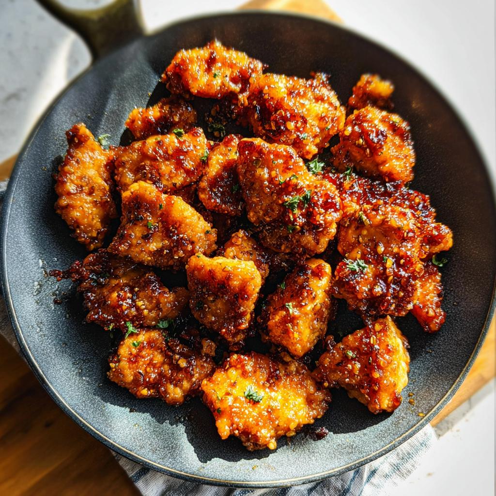 A close-up of glistening Honey Garlic Chicken Bites in a dark bowl, garnished with fresh herbs.