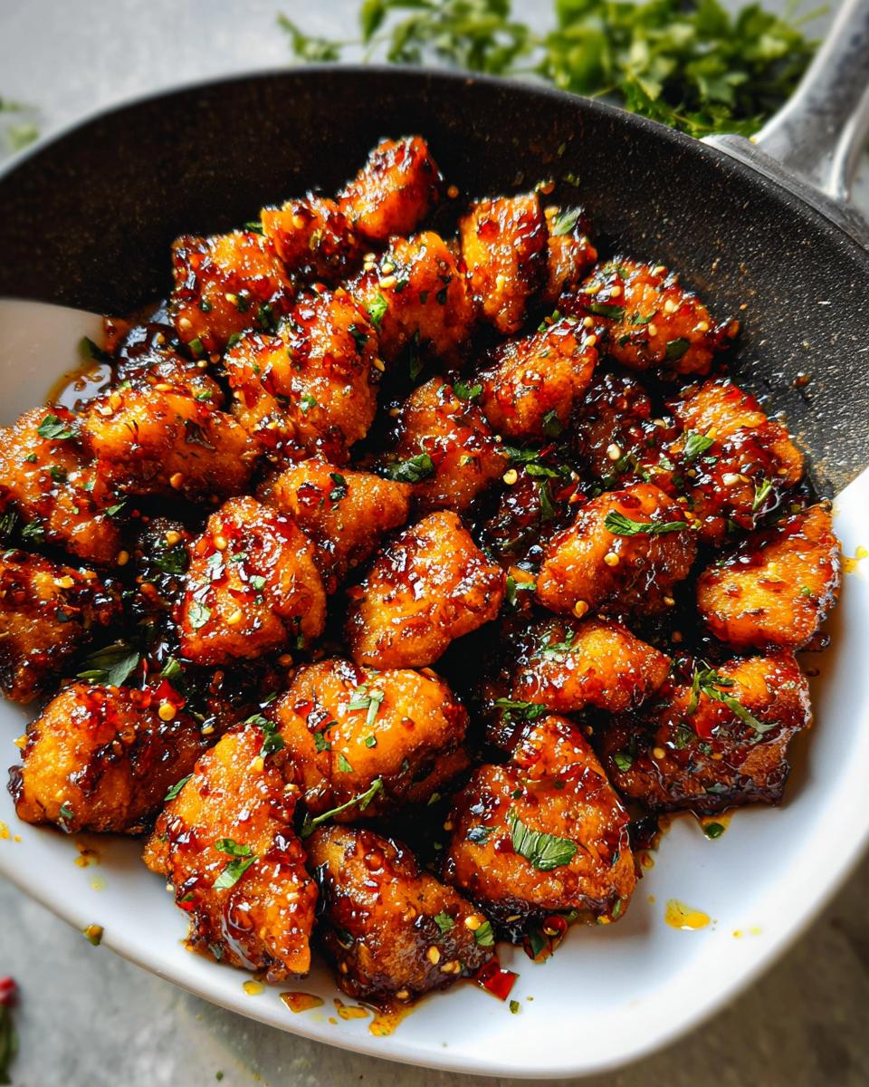 Close-up of glistening Honey Garlic Chicken Bites coated in a rich sauce and sprinkled with fresh herbs in a pan.