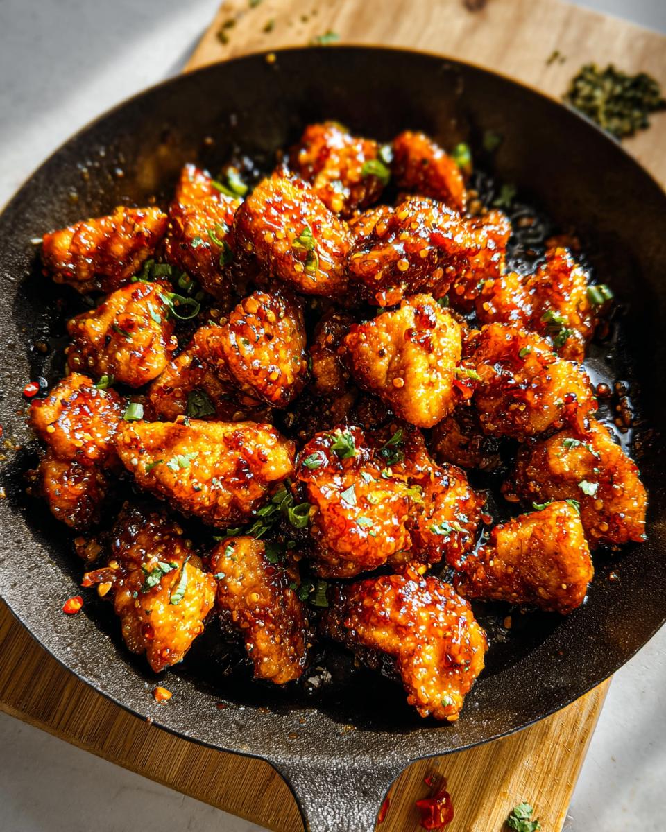A close-up of glistening Honey Garlic Chicken Bites coated in a sticky sauce, sprinkled with green onions.