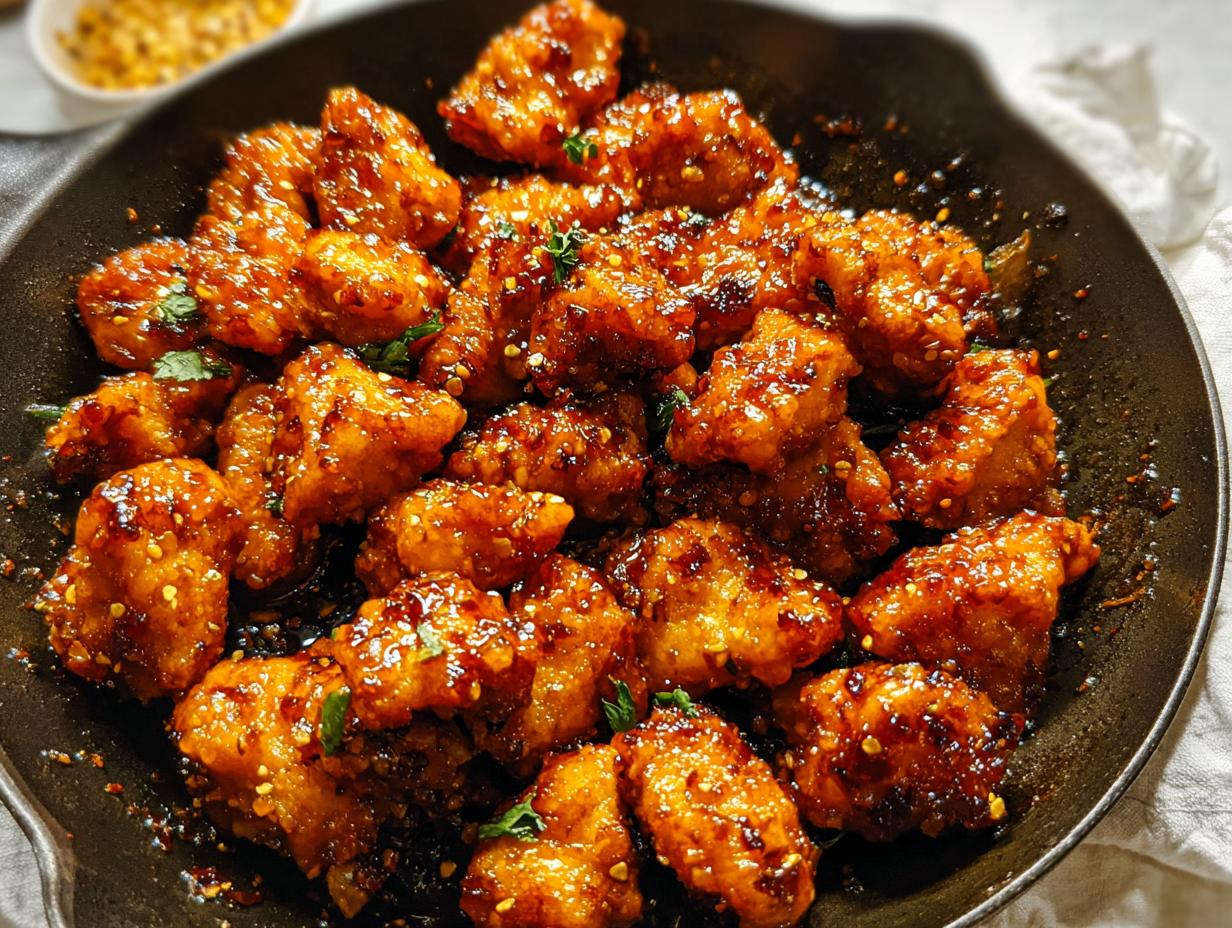 Close-up of glistening Honey Garlic Chicken Bites in a cast-iron skillet, sprinkled with sesame seeds and herbs.