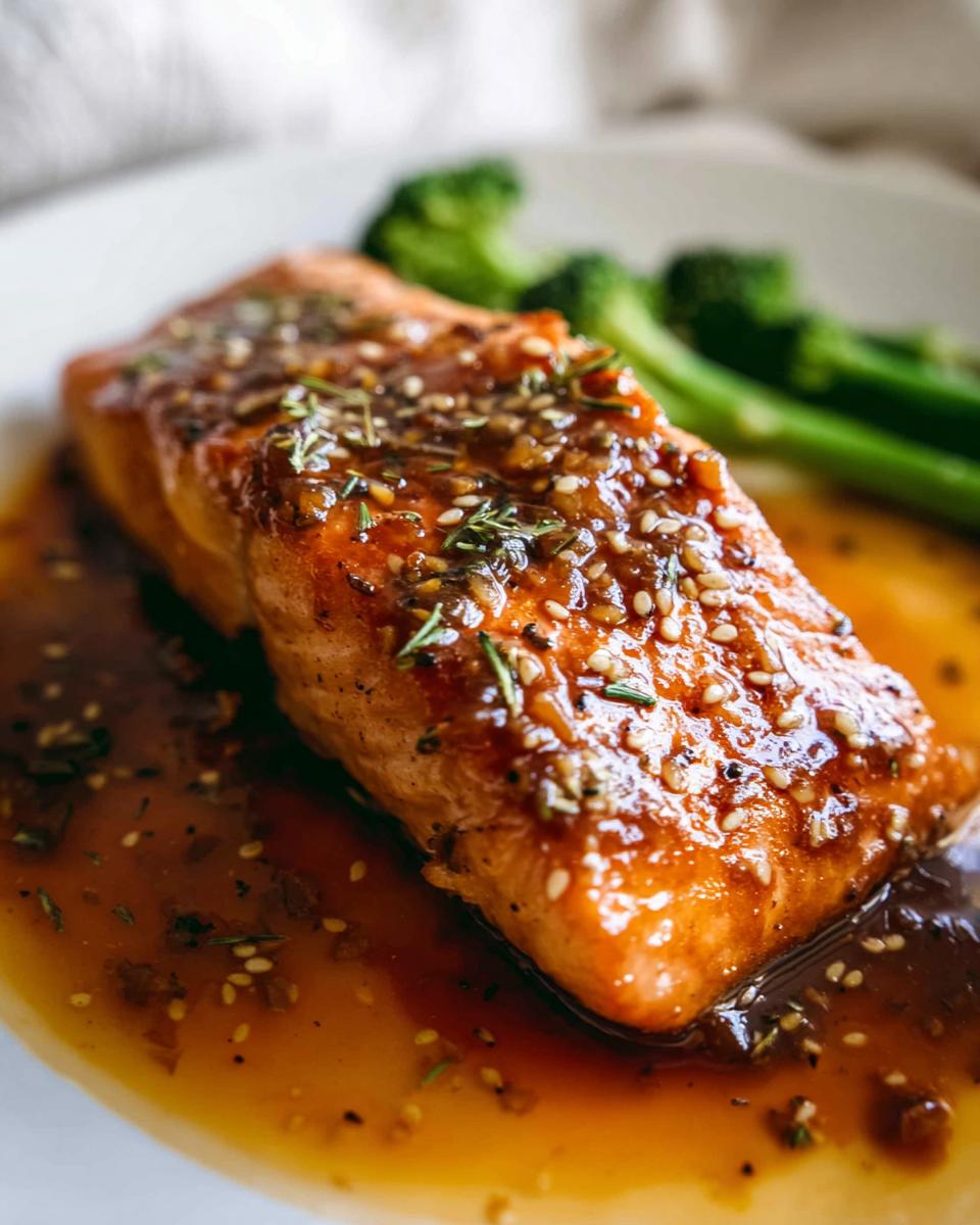 A close-up of a succulent Honey Garlic Salmon fillet glazed with sauce and sprinkled with sesame seeds and herbs, served with broccoli.
