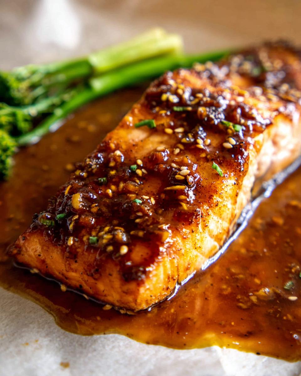 Close-up of a glistening Honey Garlic Salmon fillet, coated in a rich sauce and sprinkled with sesame seeds and herbs.