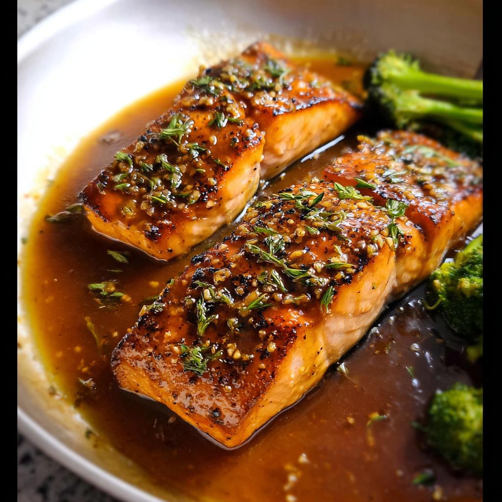 Close-up of two perfectly cooked Honey Garlic Salmon fillets in a rich sauce, garnished with herbs and served with broccoli.