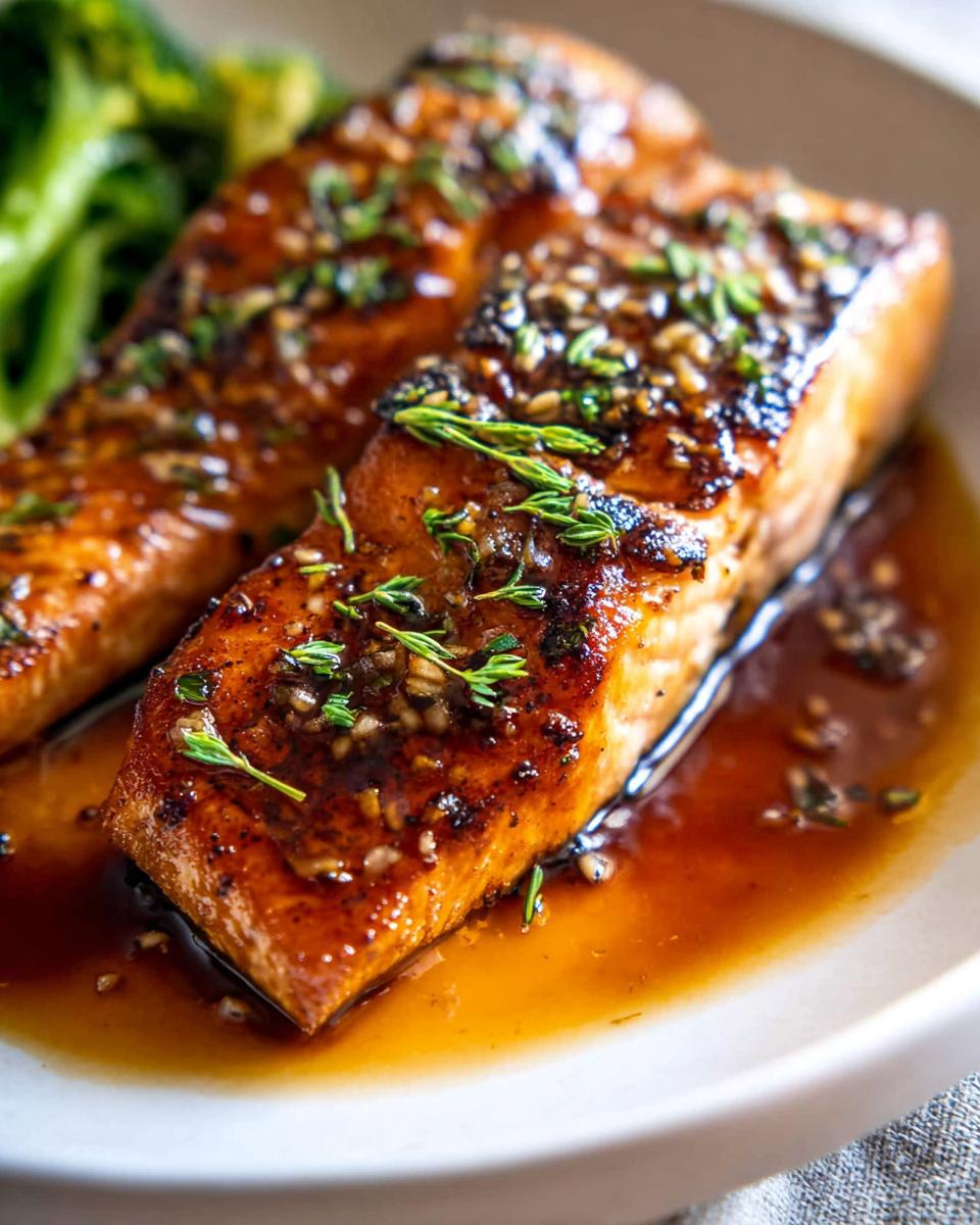 Close-up of two glistening Honey Garlic Salmon fillets served with broccoli and a rich sauce.