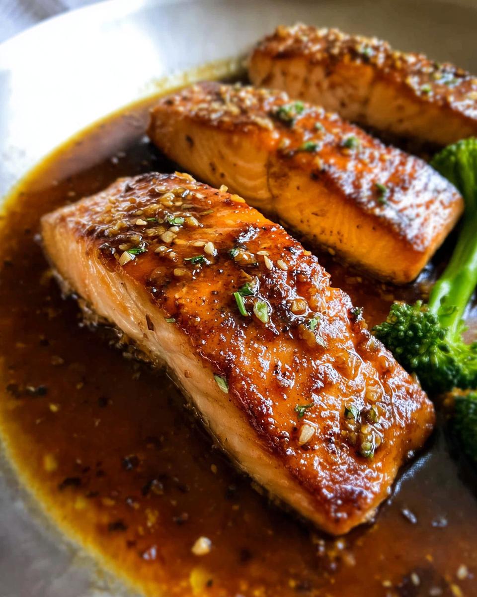 Close-up of three glistening Honey Garlic Salmon fillets in a rich sauce with broccoli.