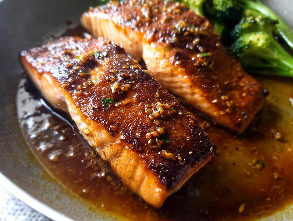 Two glistening fillets of Honey Garlic Salmon in a rich sauce, served with broccoli.