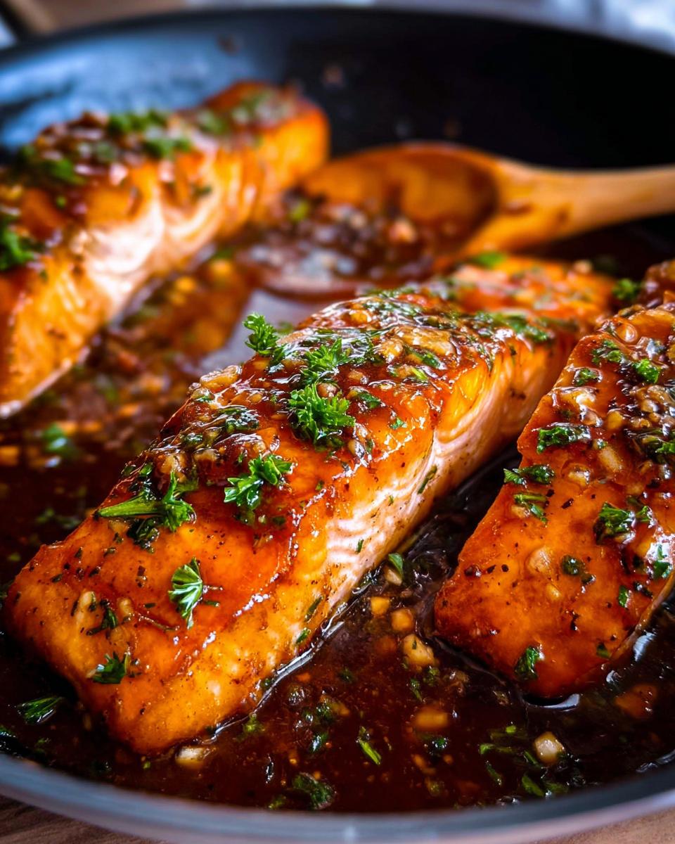 Close-up of glistening Honey Garlic Salmon fillets cooking in a rich, dark sauce topped with fresh parsley.