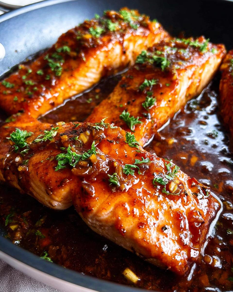 Close-up of rich, glazed Honey Garlic Salmon fillets simmering in a dark sauce and topped with fresh parsley.