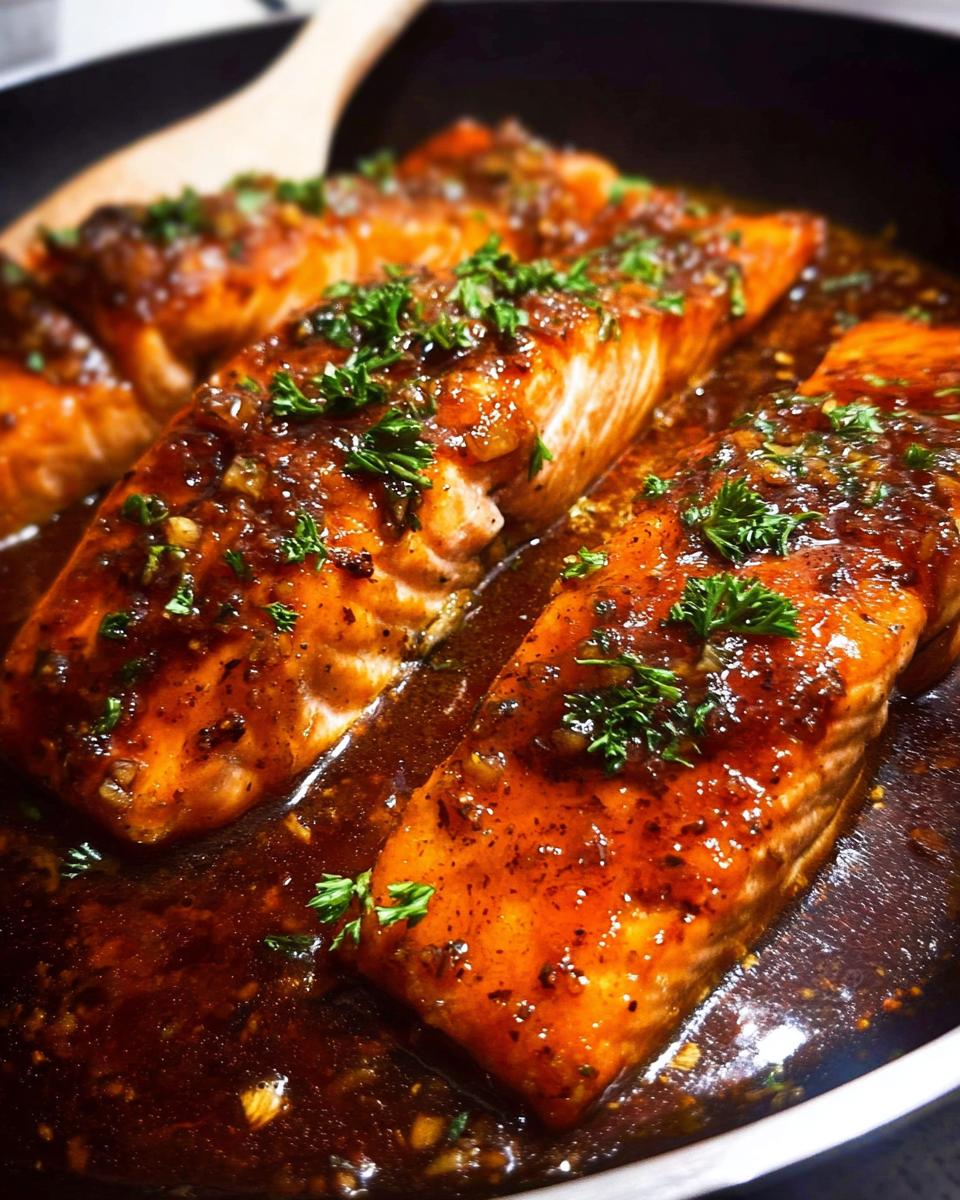 Close-up of Honey Garlic Salmon fillets cooking in a skillet, covered in a rich, dark glaze and garnished with fresh parsley.