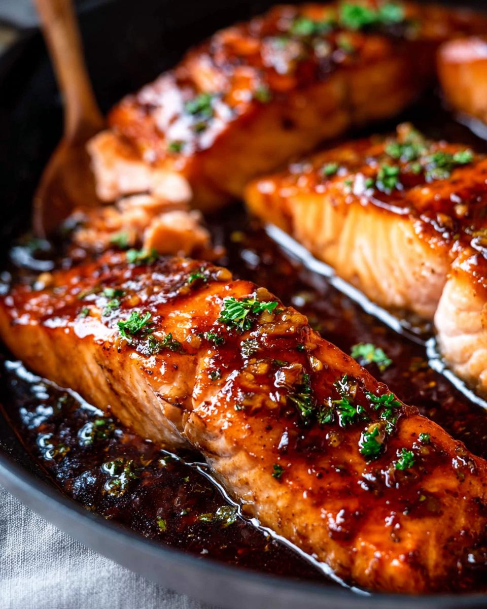 Close-up of perfectly cooked Honey Garlic Salmon fillets coated in a thick, glossy sauce and sprinkled with parsley.