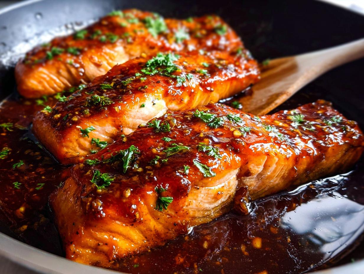 Three glazed fillets of Honey Garlic Salmon cooking in a dark skillet with a wooden spatula.