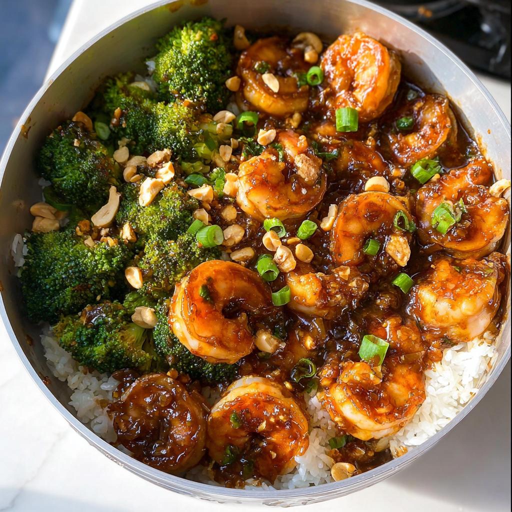 Close-up of Honey Garlic Shrimp Bowls with fluffy white rice, tender broccoli florets, and chopped peanuts.
