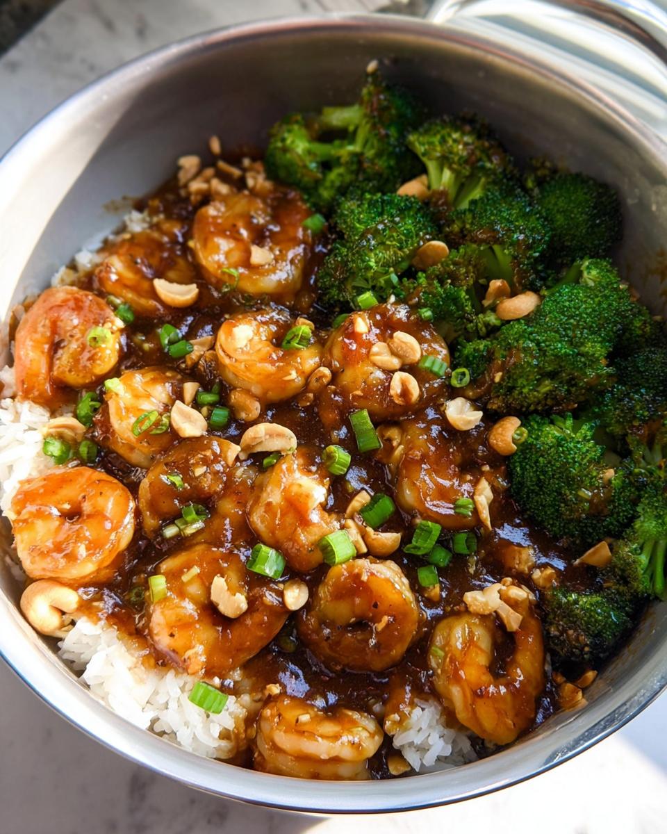 A close-up of Honey Garlic Shrimp Bowls featuring tender shrimp in a glossy sauce, steamed broccoli, and white rice, topped with chopped peanuts and green onions.