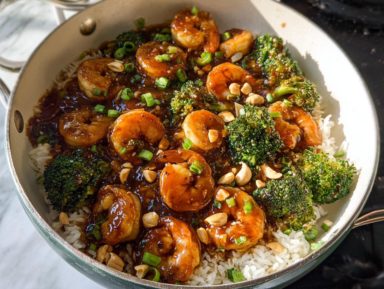 A close-up of delicious Honey Garlic Shrimp Bowls featuring plump shrimp, vibrant broccoli, and fluffy rice, garnished with chopped green onions and peanuts.