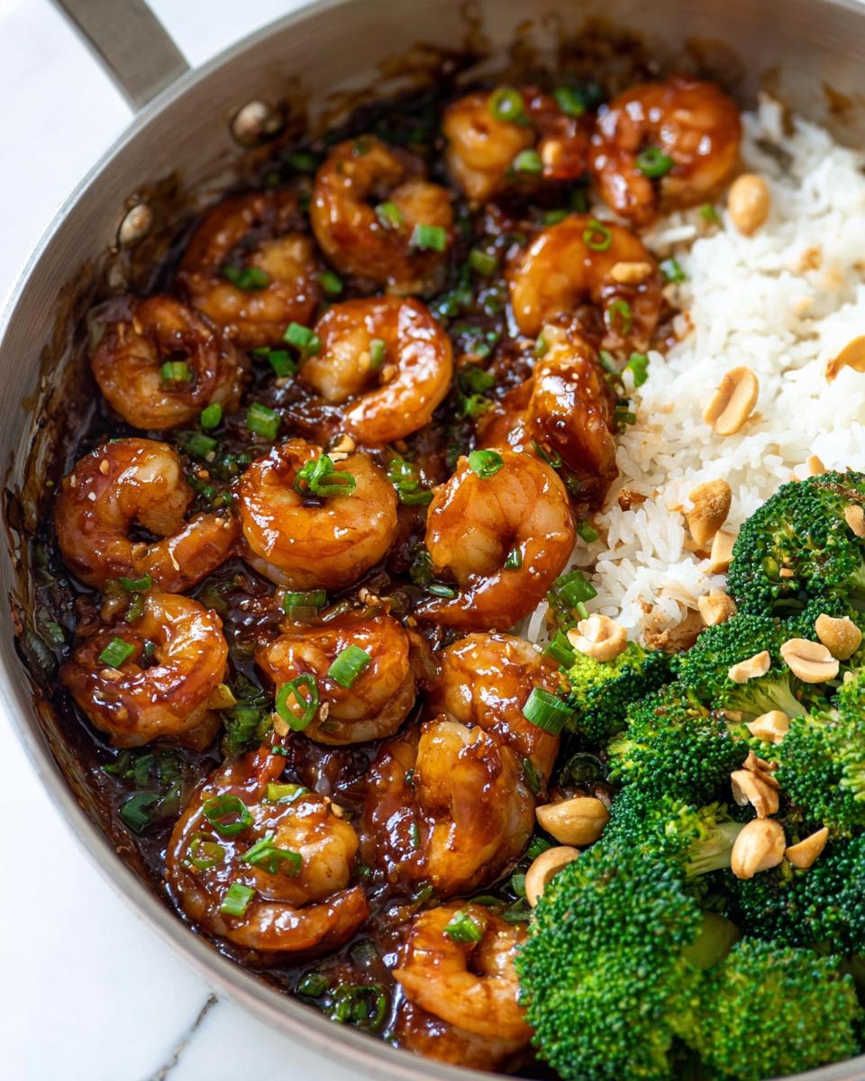A close-up of Honey Garlic Shrimp Bowls in a pan, featuring glazed shrimp, fluffy white rice, and steamed broccoli florets topped with chopped peanuts.