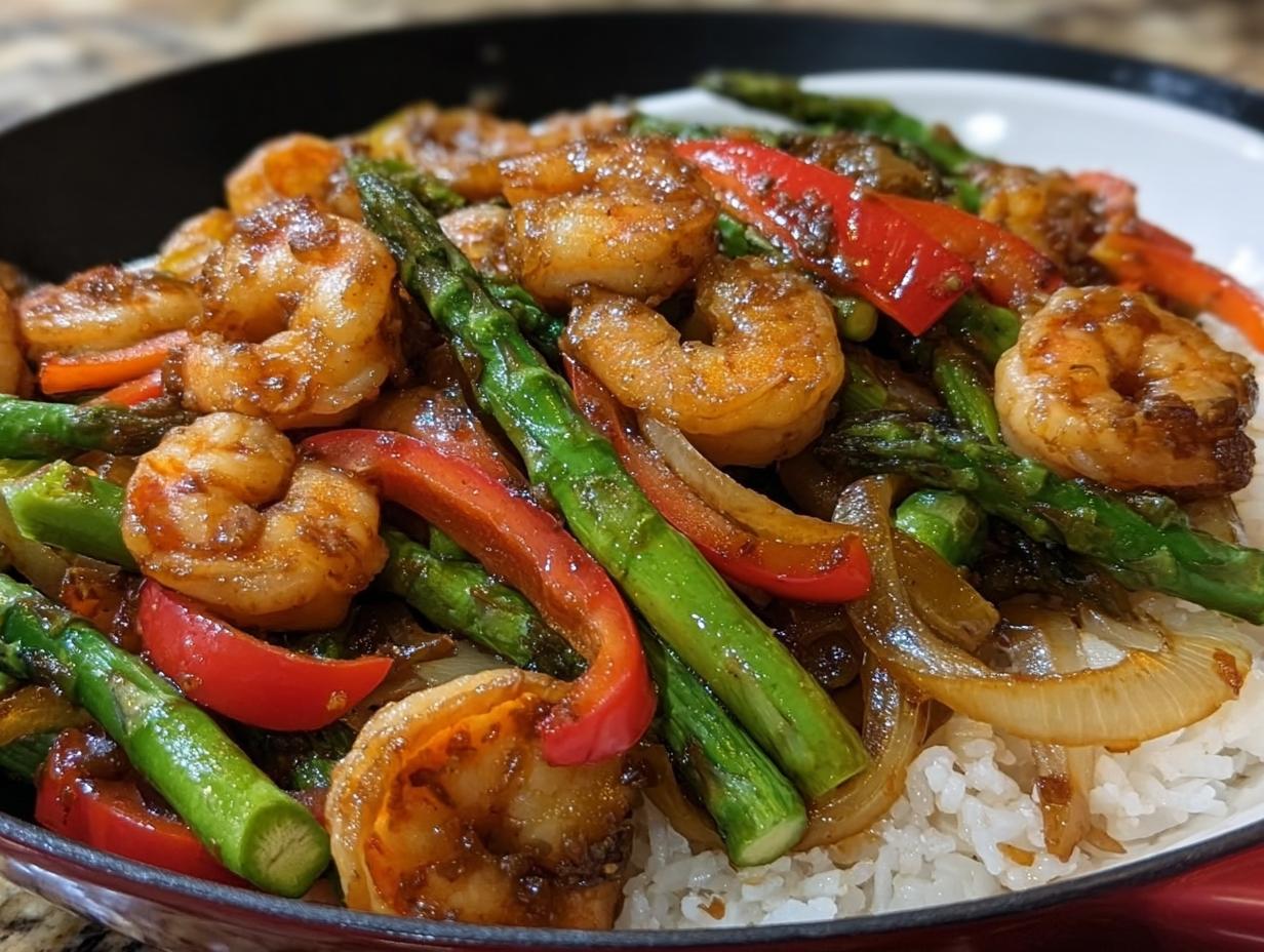Close-up of Honey Garlic Shrimp Stir Fry served over white rice with bright green asparagus and red bell peppers.