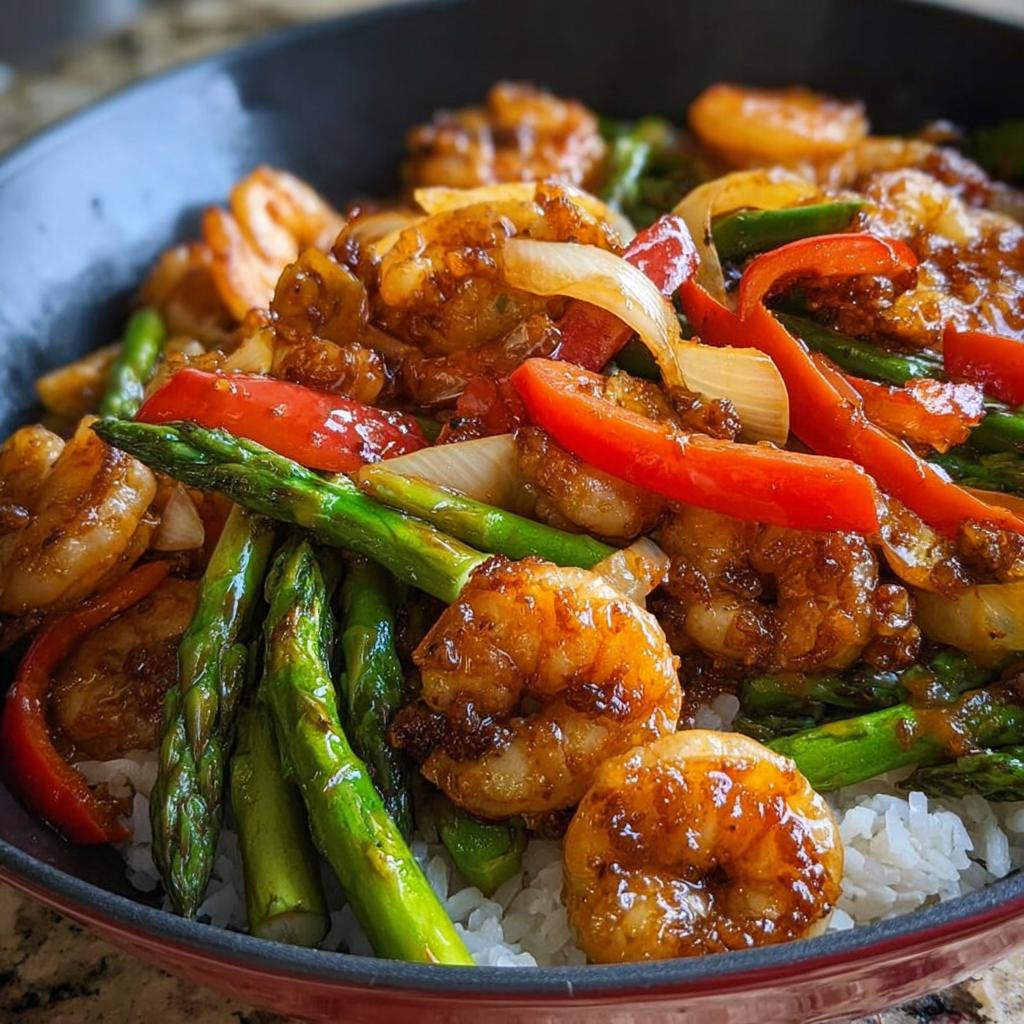 Close-up of Honey Garlic Shrimp Stir Fry with asparagus, red peppers, and onions served over white rice.