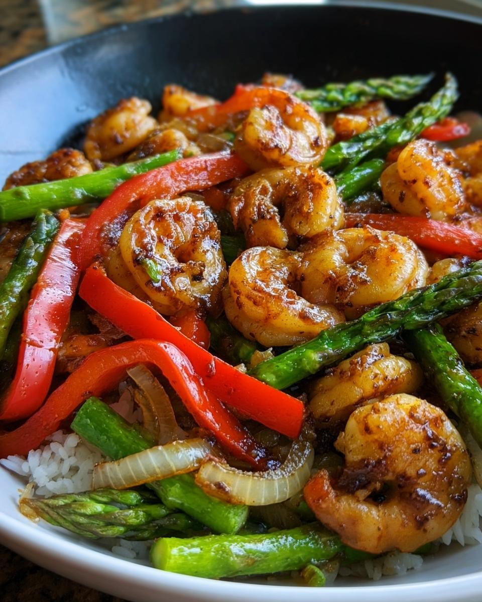 Close-up of Honey Garlic Shrimp Stir Fry with glossy shrimp, asparagus, red peppers, and onions over rice.