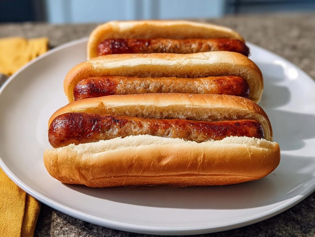 Three grilled hot dogs in buns, ready for a delicious dinner.