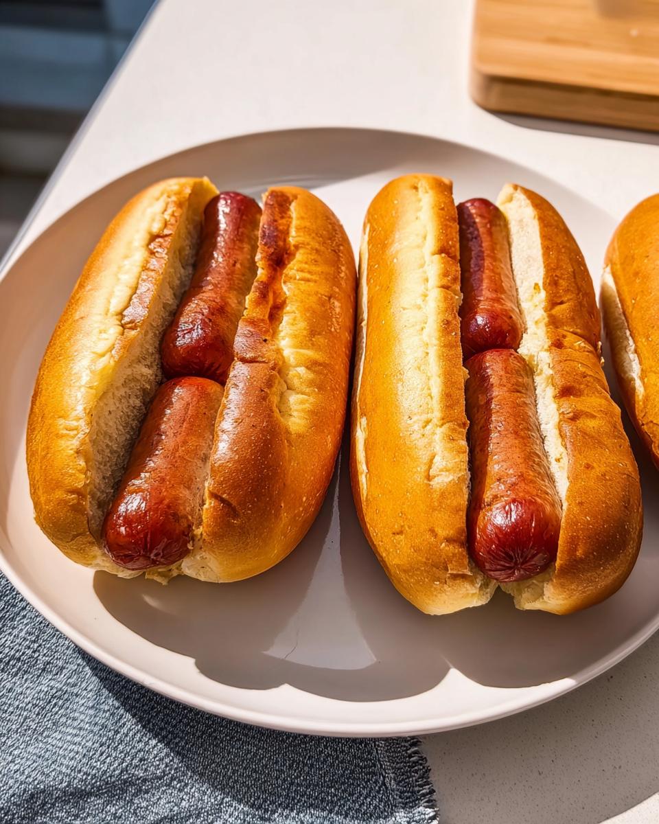 Two juicy hot dogs in toasted buns, presented as a simple yet satisfying dinner idea.