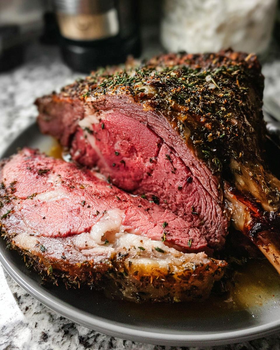 Close-up of a medium-rare prime rib roast, sliced to show the pink center and seasoned herb crust, ready to serve.