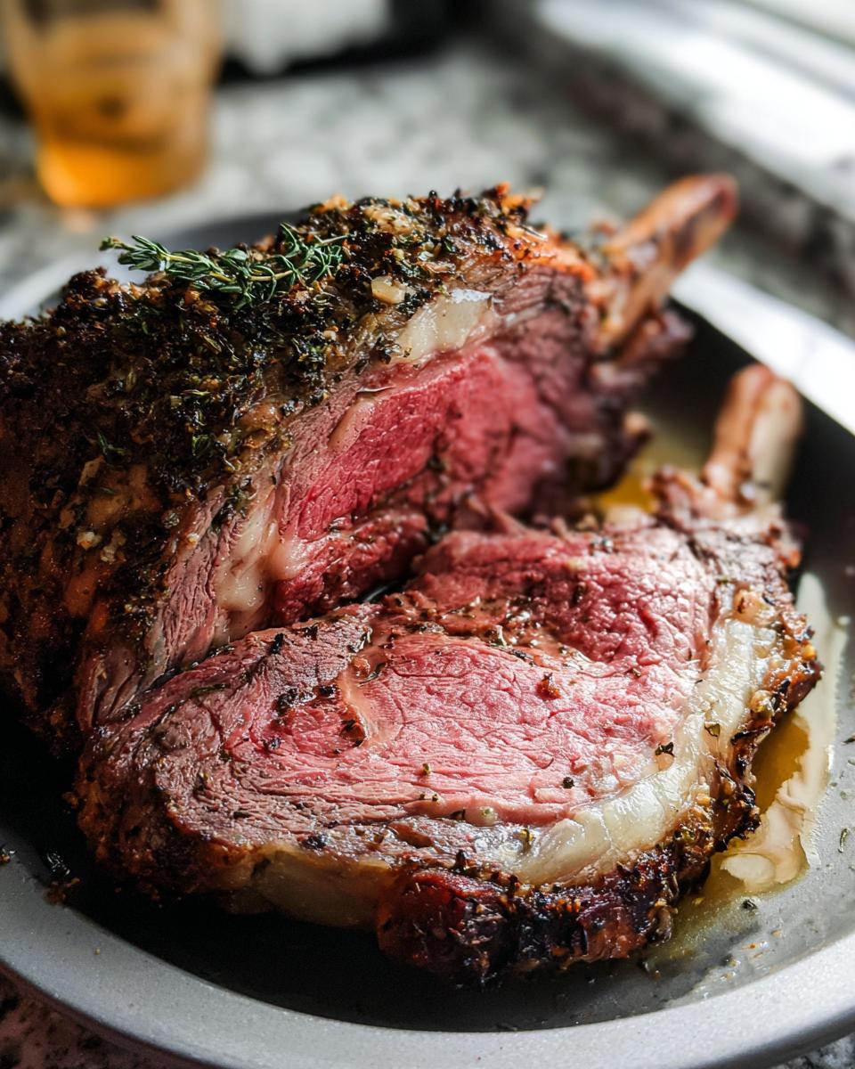 Close-up of a thick slice of medium-rare prime rib roast with a herb crust, ready to serve.