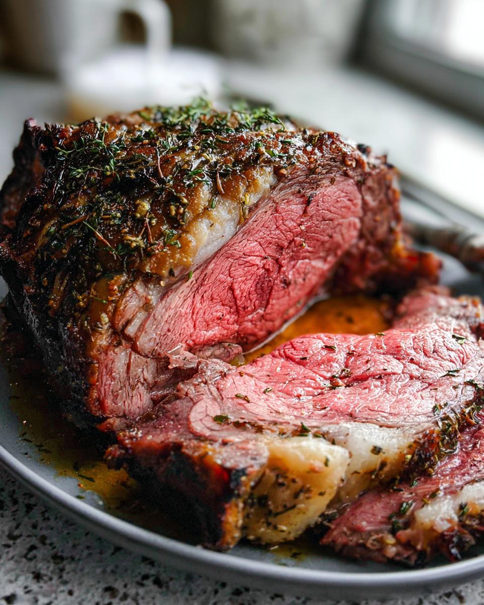 A thick slice of medium-rare prime rib roast, seasoned with herbs, resting in its juices.